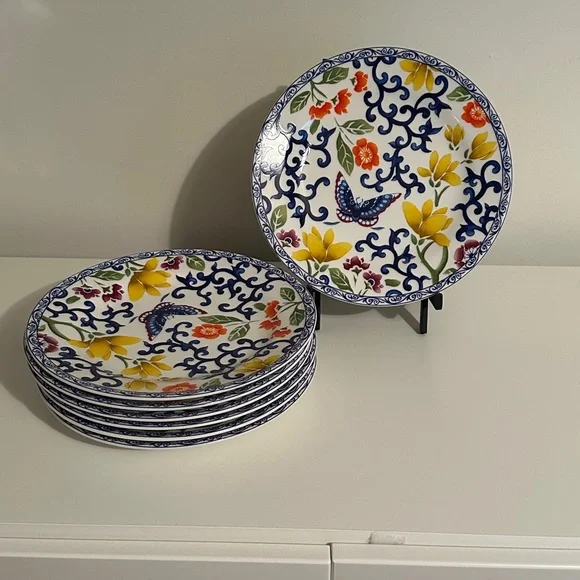 Ralph Lauren Mandarin Blue Butterfly 9 1/4" Luncheon Salad Plate Set of 7 EUC - Picture 1 of 4